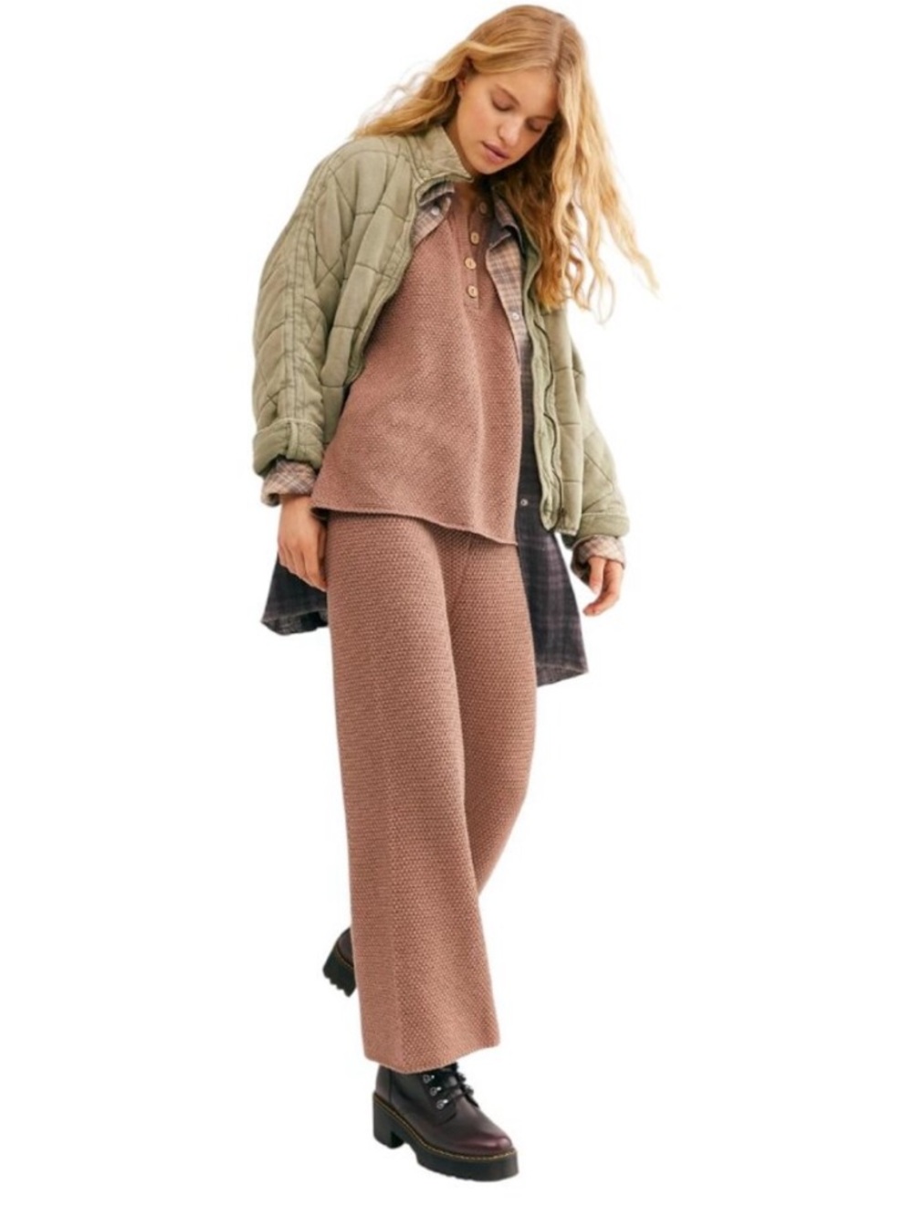 Free People Beach Hailee Wide-Leg, Cropped‎ Brown Waffle Knit Sweater Pants Sz L
